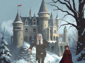 Ein märchenhaftes Schloss im Hintergrund. Burgfräulein und Gästeführer Kreskowsky stehen vor dem Schloss.