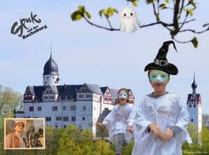 Schloss Rochsburg im Fruehling, Kinder als Gespenster verkleidet, ein altes Foto von den Dreharbeiten auf Schloss Rochsburg zu Spuk von draußen
