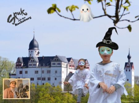 Schloss Rochsburg im Fruehling, Kinder als Gespenster verkleidet, ein altes Foto von den Dreharbeiten auf Schloss Rochsburg zu Spuk von draußen