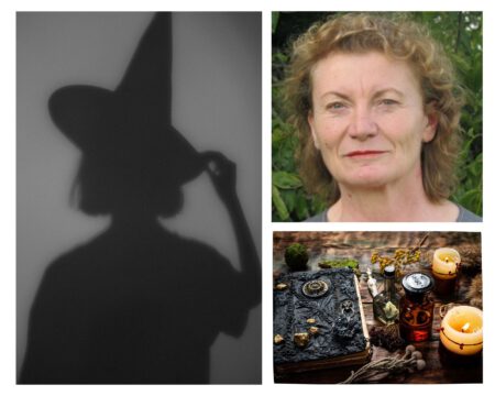 Das Bild zeigt eine Fotocollage, erstellt mit Canva. Zu sehen sind der Schatten einer Frau mit Hexenhut, ein altes Buch mit Kräutern, Tinkturen und Kerzen. Auch ein Porträt der Schriftstellerin und Vortragenden Regina Röhner ist zu sehen.