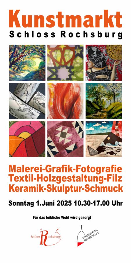 Plakat zum Kunstmarkt, der am 01. Juni 2025 von 10:30 bis 17:00 Uhr auf Schloss Rochsburg stattfindet. Vorschau auf mitwirkende Künstler, die Malerei, Grafik, Fotografie, Textil, Holzgestaltung, Filz, Keramik, Skulptur, Schmuck und mehr anbieten. Auch für Gastronomie wird gesorgt.