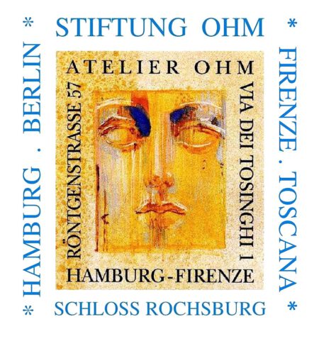 Logo der Stiftung Ohm, Malerei abstrakt, Gesicht, Standorte der Stiftung umrahmen das Gemälde