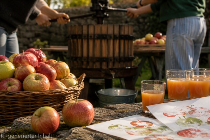 Äpfel im Vordergrund und ein paar Gläser gefüllt mit Apfelsaft sowie Papierbögen mit Apfelabdrücken, im Hintergrund Menschen, die eine Saftpresse bedienen